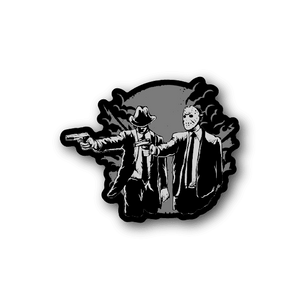 Vinyl sticker with two cartoon figures, one holding a pistol, grayscale illustration