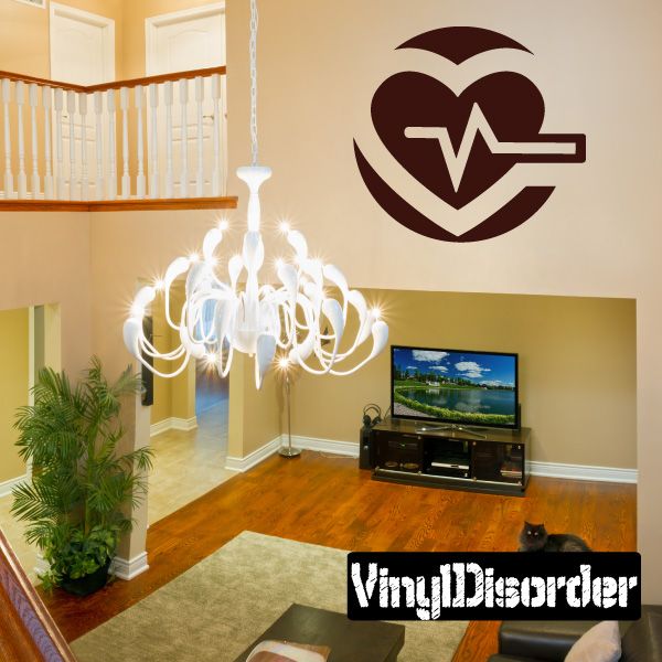Brown pulsing heart vinyl wall decal with waveform line