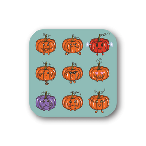 Vinyl sticker sheet with cute pumpkin emoji faces in orange and purple