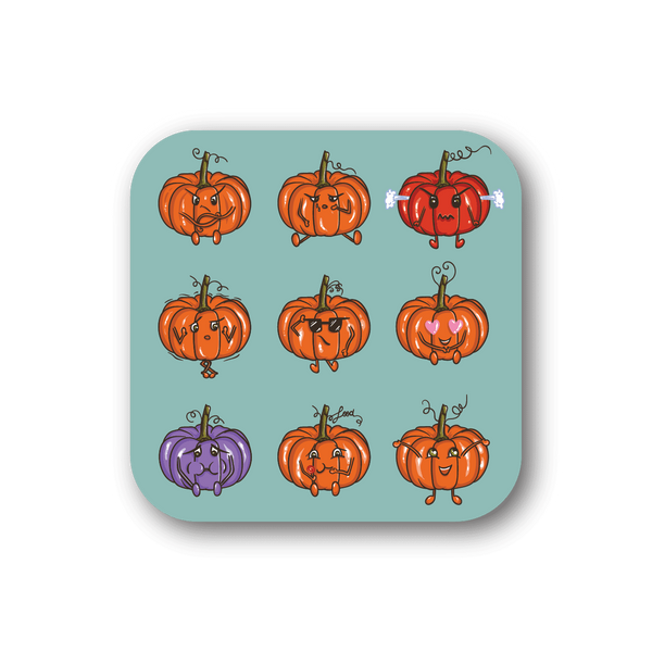 Vinyl sticker sheet with cute pumpkin emoji faces in orange and purple