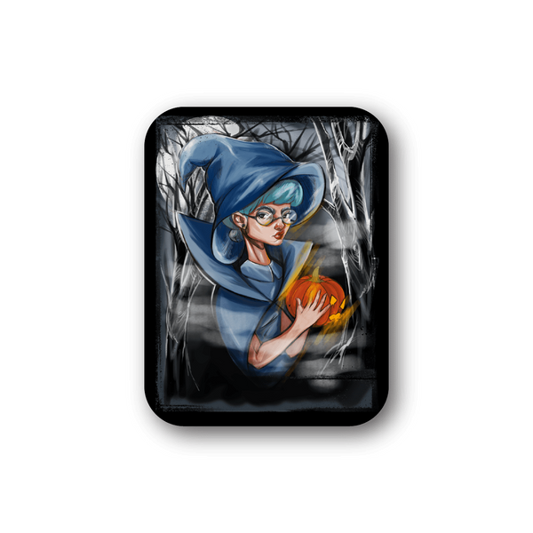 Square vinyl sticker of a blue-cloaked witch holding an orange pumpkin