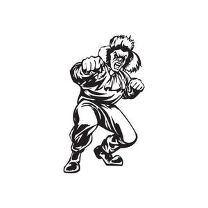 Black-and-white punching clown decal with raised fist