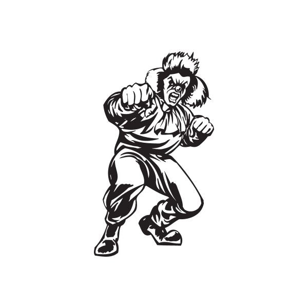 Black-and-white punching clown decal with raised fist