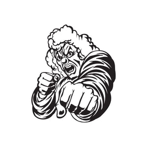 Punching judge clown decal, black-and-white fist and face graphic