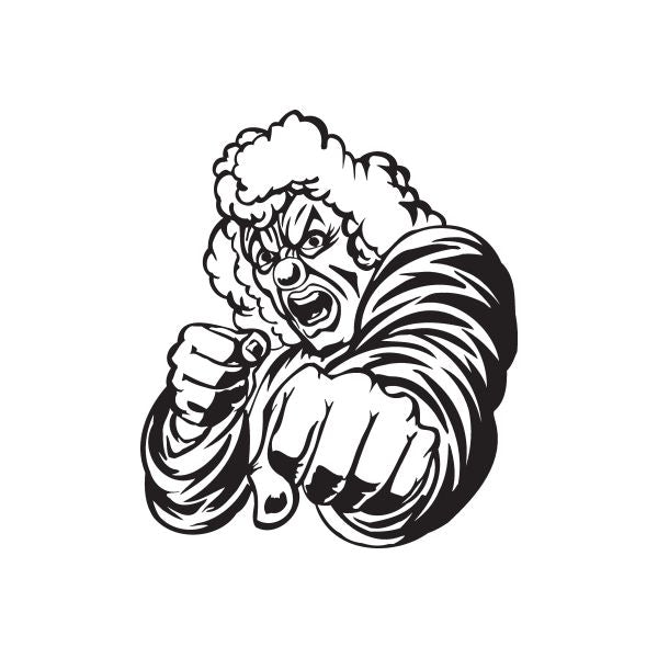 Punching judge clown decal, black-and-white fist and face graphic