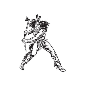 Native American warrior decal in black-and-white with feathered headdress, holding spear
