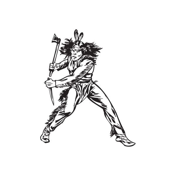 Native American warrior decal in black-and-white with feathered headdress, holding spear