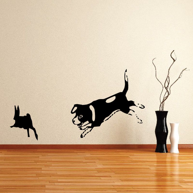 Puppy chasing bunny wall decal with black dog and bunny silhouettes