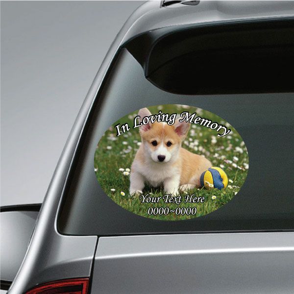Oval memorial sticker with puppy dog and 'In Loving Memory' text