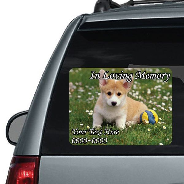 Rounded rectangle memorial sticker with corgi puppy photo, 'In Loving Memory' text and custom line.