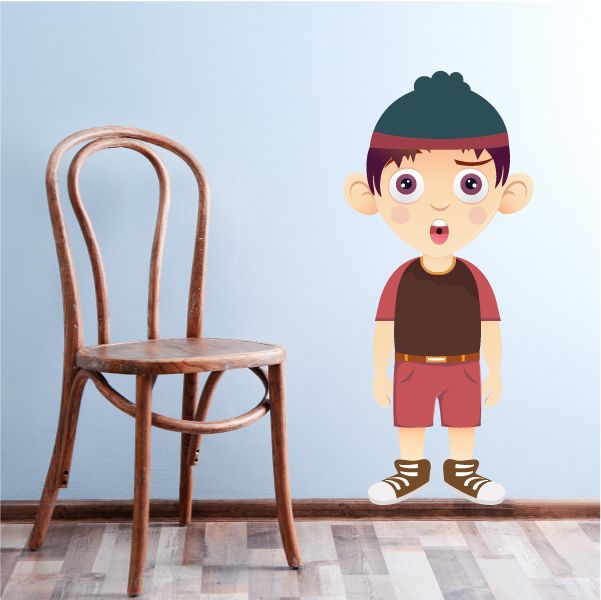 Cartoon boy sticker with purple hair, dark beanie, red shirt, burgundy shorts and white shoes