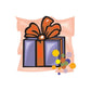 Present gift sticker with purple boxes, orange ribbon bow, and colorful confetti dots