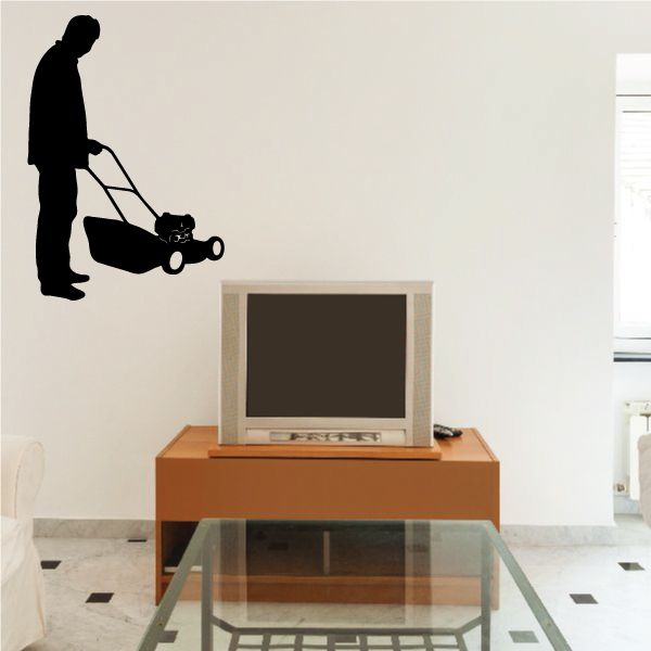Push mower decal with person silhouette and mower graphic