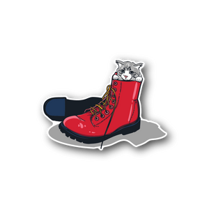 Red boot-wearing cat vinyl sticker with white border