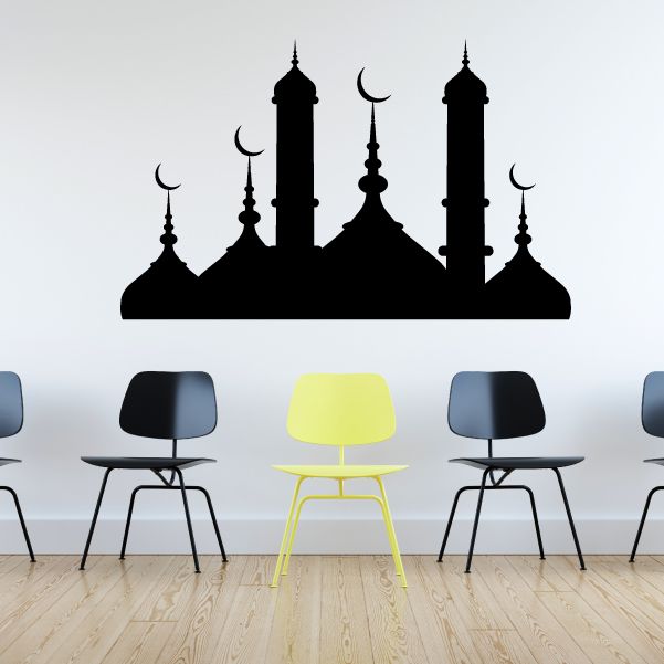 Black mosque silhouette wall decal with domes and tall minarets