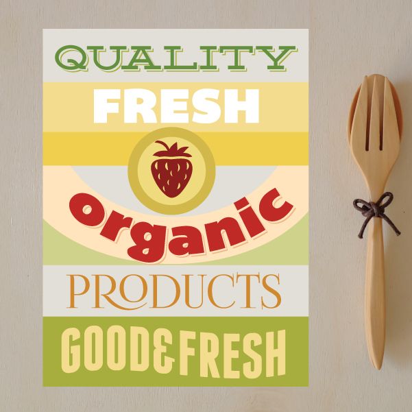 Square organic products sticker with green/yellow stripes and bold 'Quality Fresh Organic' text