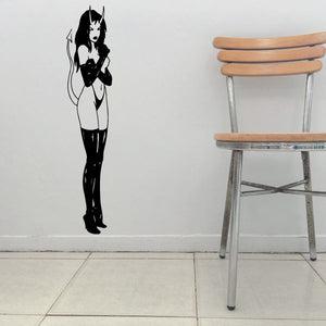 Devil girl wall decal, black silhouette with horns and lingerie-style outfit
