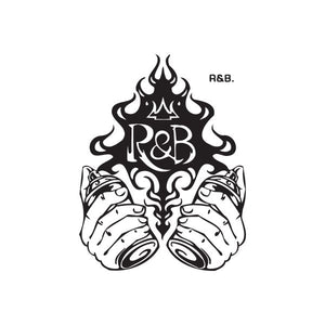 Flame and spray can hands graphic decal with R&B text