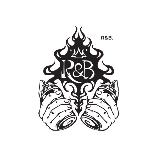 Flame and spray can hands graphic decal with R&B text