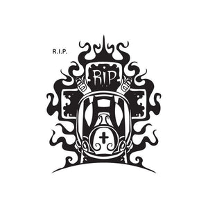 Graffiti-style R.I.P. decal with black ornate flames and tombstone, skull hands, cross