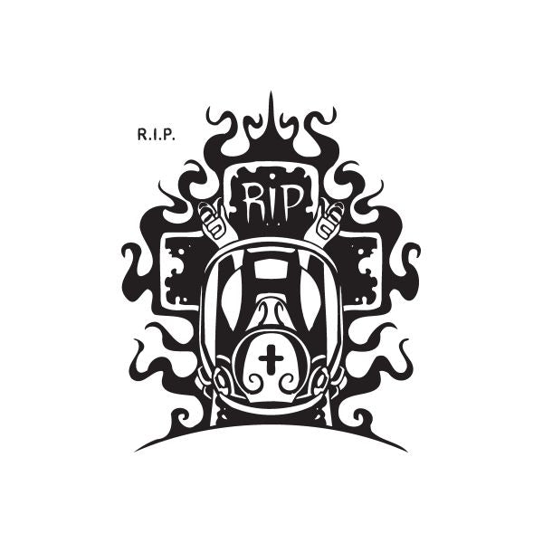 Graffiti-style R.I.P. decal with black ornate flames and tombstone, skull hands, cross