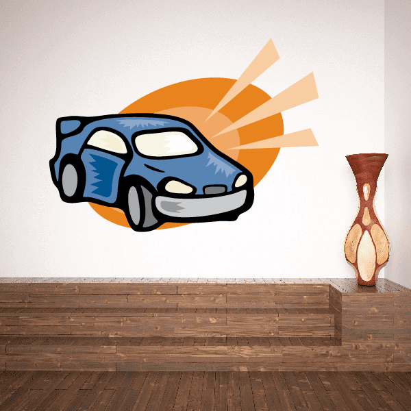 Race car alert sticker with cartoon blue and orange car, white headlights