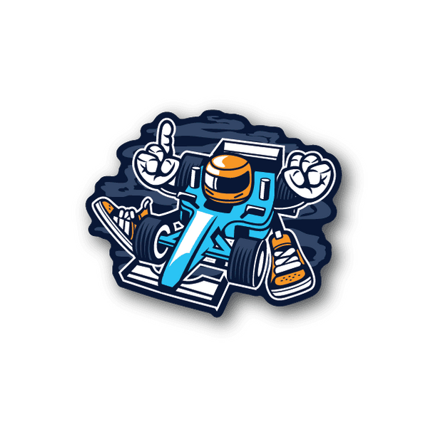 Race car vinyl sticker with blue car and orange helmet graphic