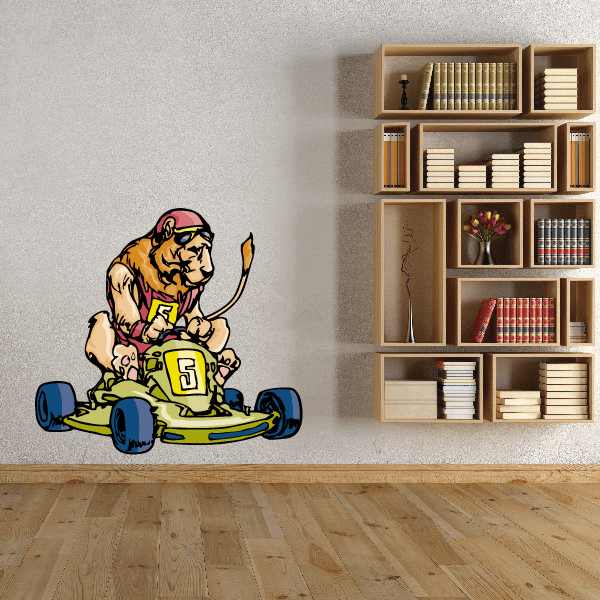 Cartoon race car wall decal with driver in yellow helmet and open-wheel kart