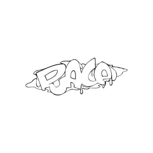 Graffiti-style decal with black outlined lettering