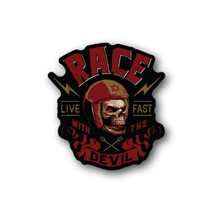 Vinyl sticker with 'RACE' text and skull wearing red helmet, 'LIVE FAST' graphic