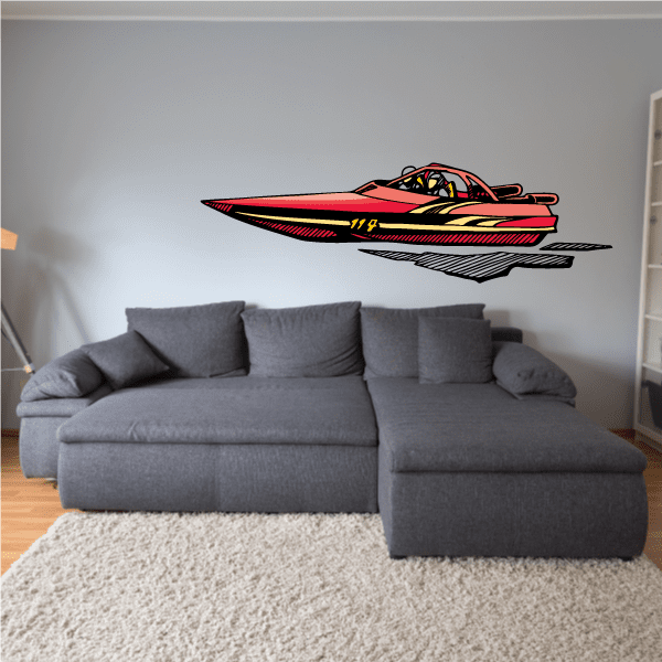 Racing speedboat wall sticker with red and yellow boat design and black outline