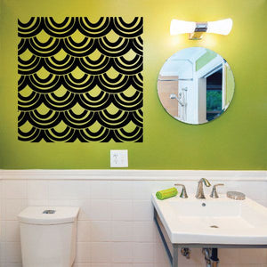 Scalloped wall decal with black and yellow wave pattern, square design