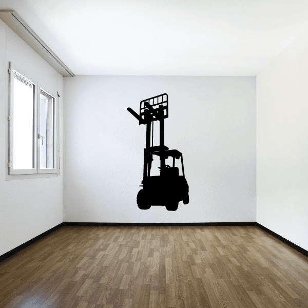 Raised forklift decal, black silhouette with raised forks and cab
