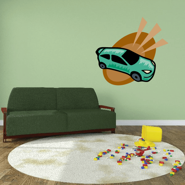 Rally car alert sticker with teal cartoon car and orange warning swirl