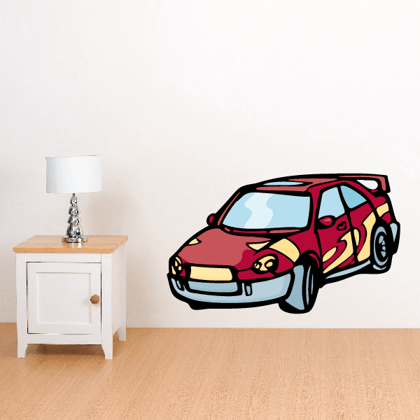 Rally car sticker with colorful illustrated red rally car, front view