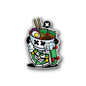 Ramen-style vinyl sticker of a cartoon chef holding chopsticks with colorful ramen bowl