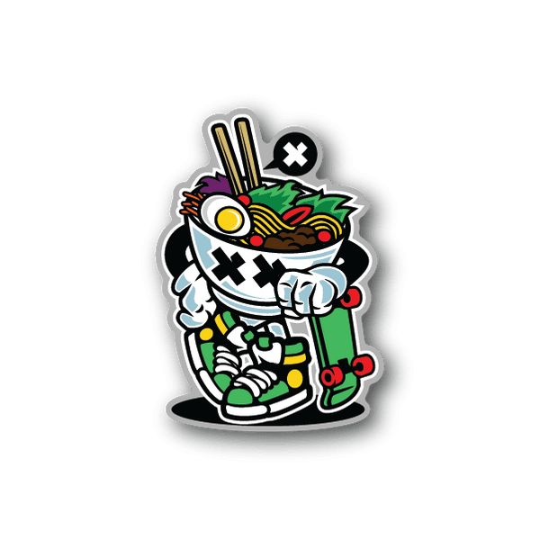 Ramen-style vinyl sticker of a cartoon chef holding chopsticks with colorful ramen bowl