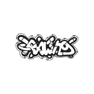 Graffiti decal sticker with bold black outlined lettering on white