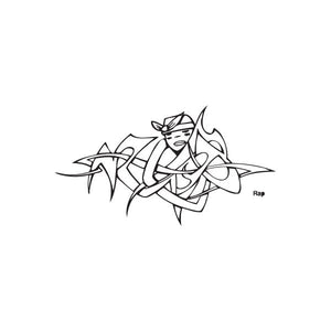 Graffiti rap decal with stylized rapper face and 'Rap' text, black line art