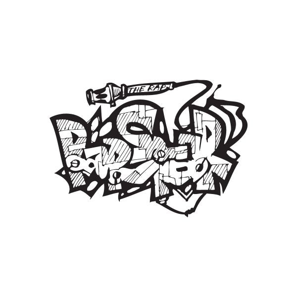 Rap star graffiti decal, black with bold stylized lettering and character graphic