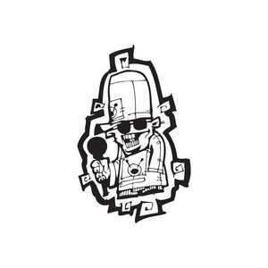 Graffiti rapper decal, black-and-white cartoon figure with headphones and skull