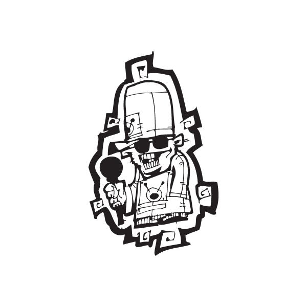 Graffiti rapper decal, black-and-white cartoon figure with headphones and skull