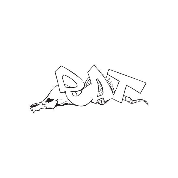 Graffiti rat decal with black outline and jagged lettering style