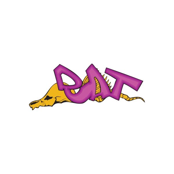 Graffiti rat sticker with purple "RAT" letters and yellow rat tail