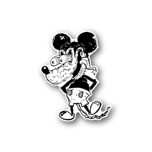 Vinyl sticker of a cartoon mouse with big hands and hat, white and black outline