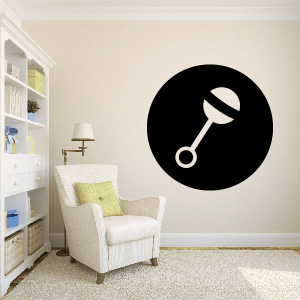 Black circular wall decal vinyl sticker with baby rattle icon