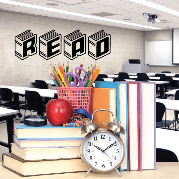 Read books wall decal with bold outlined 3D letters reading “READ”