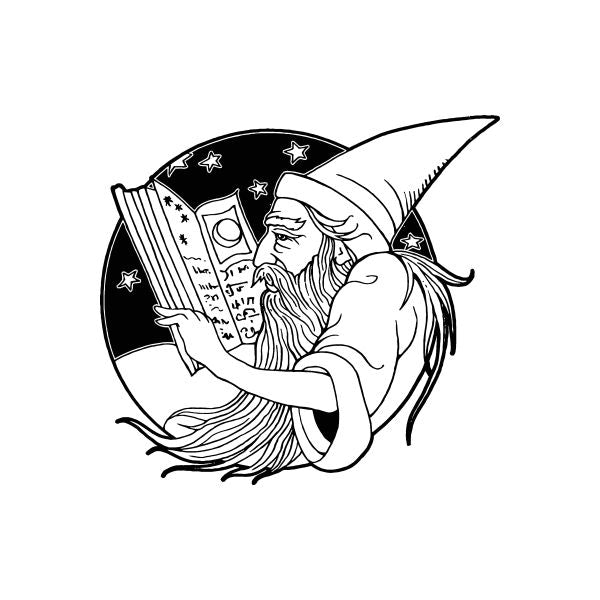 Reading wizard portrait decal of a witch reading on a crescent moon, line art.