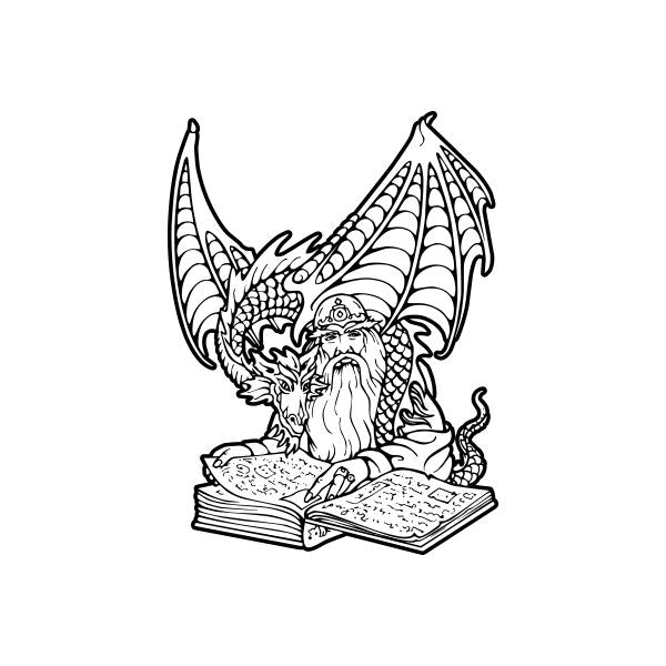 Reading wizard decal with dragon familiar, black line art reading by open book