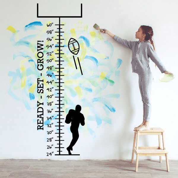 Football goal growth chart wall decal with height ruler, READY-SET-GROW text, player silhouette